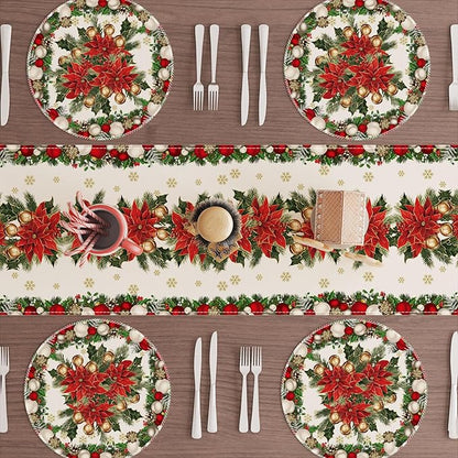 XCHI Christmas Poinsettias Leaves Bells Snowflakes Winter Xmas Round Placemats Set of 4 Table Mats for Party Home Kitchen Dining Table Decorations 14x14 Inch