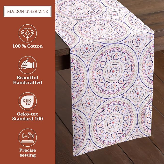 Maison d' Hermine Table Runner 100% Cotton Double Layer Table Runners 108 inches Long Decorative for Home Kitchen Dining Party Baby Shower Wedding Bridal Shower Spring Summer (Mandala, 14.50" x 108")