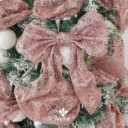 MEEDEE 6 Inch Wide Wired Ribbon Rose Gold Glitter Mesh Web Wired Edge Ribbon by 10 Yards Roll Rose Gold Wired Ribbons for Christmas Tree, Garland, Holiday Wreaths, Bows, Centerpiece, Gift Wrapping