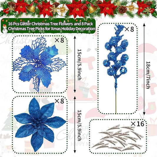 24Pcs Royal Blue Glitter Poinsettia Christmas Tree Ornaments and Glitter Berries Stems, 16Pcs Christmas Artificial Flowers and 8 Pack Christmas Tree Picks for Wedding Holiday Decorations