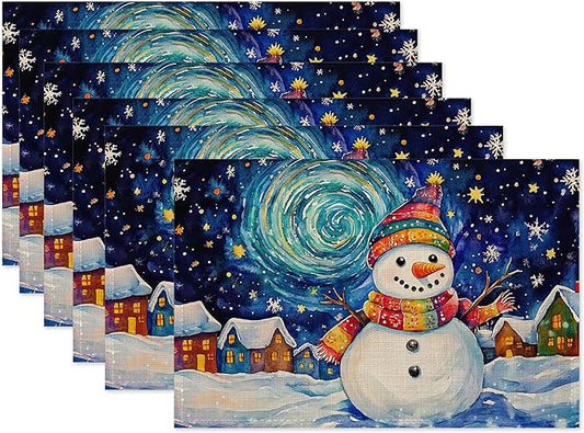 Christmas Snowman Table Mats Set of 6,Starry Night Moon Non-Slip Washable Placemats for Restaurant Home Kitchen Dinner Table 12x18Inch