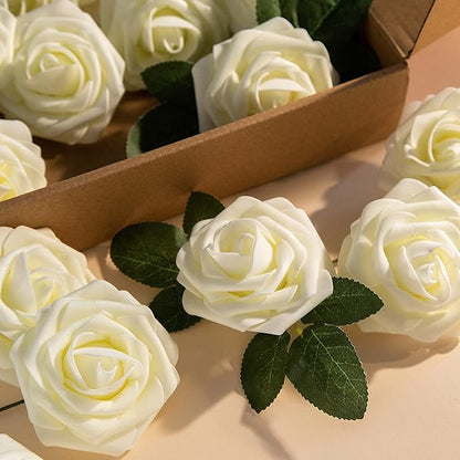 Artificial Flower Foam Rose 25pcs Real Looking Fake Rose with Stems Leaves for Home Decoration Party Garden Centerpieces DIY Wedding Bouquets（Ivory White）