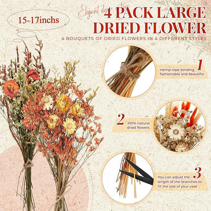 Layhit 4 Pack Large Size Boho Dried Flower Bouquet 15-17 Inch Wedding Handmade Dry Flowers for Vase Crafts DIY Photo Boutonniere for Men Floral Plant for Bridesmaid Gift Birthday Decor(Gerbera Daisy)
