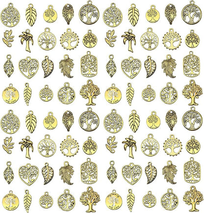 WOCRAFT 60pcs Antique Gold Tree Leaf Charms Bracelet Charms for Jewelry Making Sets DIY Necklace Bracelet Keychain Crafting Charms Kit Craft Supplies (SN888)