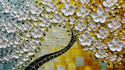 YaSheng Art -100% HandPainted Oil Painting On Canvas Texture White 3D Flower Tree Paintings Abstract Canvas Wall Art Home Bedroom Dining Room Living Room Modern Wall Decor Art Ready to hang 24x48inch