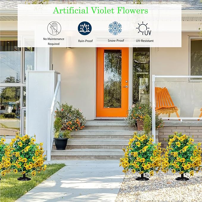 2 Pcs Artificial Boxwood Topiary Ball Trees - 23" With Ground Spike, Fake Evergreen Tree, UV Resistant Faux Greenery Shrubs & Bushes for Porch, Garden, Front Yard Decor, Indoor/Outdoor -Yellow