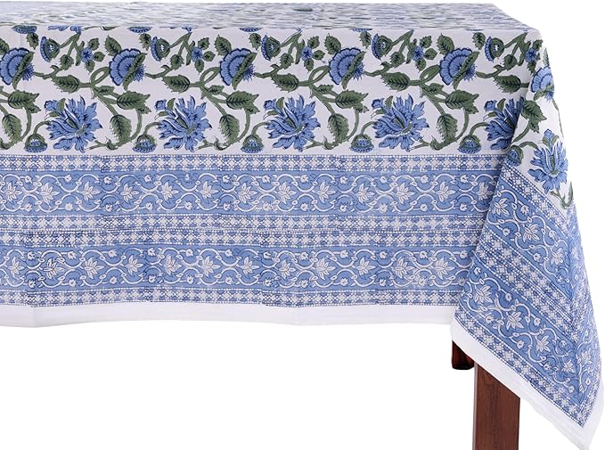 ATOSII Taj 100% Cotton Summer Tablecloth, Block Print Floral Rectangle Table Cloth for Dining Table I Parties Wedding Outdoors, Grand Millenial Decor 60 X 108 Inches I 8 Seater