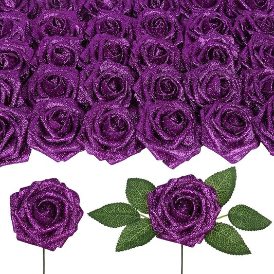 Purple Roses 30PCS Purple Glitter Flowers Bouquet 3.15" Artificial Roses with Stems for DIY Wreath Wedding Christmas Home Party Decor