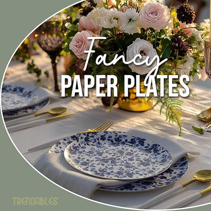 Trendables Heavy Duty Paper Plates Set For 16 Guests - 16 Each Of 8-inch And 10-inch Disposable Plates For Party - Fancy 32 Piece Dinnerware Set For All Occasions | Floral Design, Bluebelle