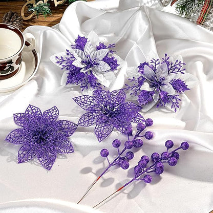 24Pcs Christmas Poinsettia Artificial Flowers and Glitter Berries Kit, 2 Styles Total 16Pcs Christmas Tree Flowers Ornaments, 8Pcs Christmas Tree Picks for Wedding Holiday Decorations, Purple