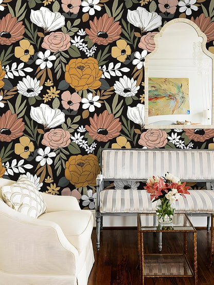 Floral Peel and Stick Wallpaper Black Removable Wallpaper Dark Boho Renter Friendly Textured Wallpapers for Bedroom Stick On Contact Paper for Locker Cabinet 17.5 x 118 in