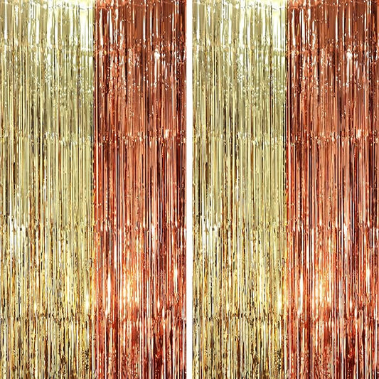 2 Pack Rose and Champion Foil Fringe Backdrop Curtains, Tinsel Streamers Party Decorations, Fringe Backdrop, Door Shimmer for Anniversary or Birthday Party