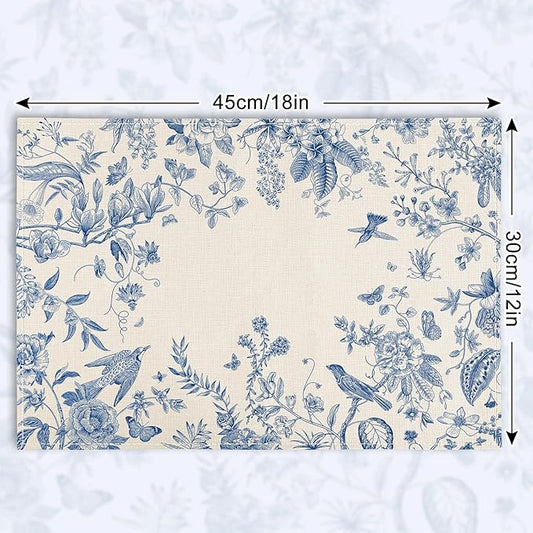6Pcs Blue White Floral Placemats Flower Birds Branches Table Place Mats 12 x 18 in Vintage Non-Slip Heat Resistant Kitchen Dinner Mat for Home Dining Table Decoration