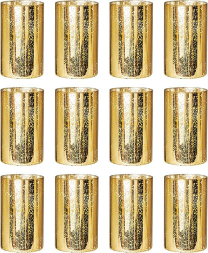 Gold Cylinder Vases for Centerpieces, Modern Glass Vase Set of 12 Decorative Hurricane Candle Holder for Pillar Candle Holders Flowers for Table Centerpiece