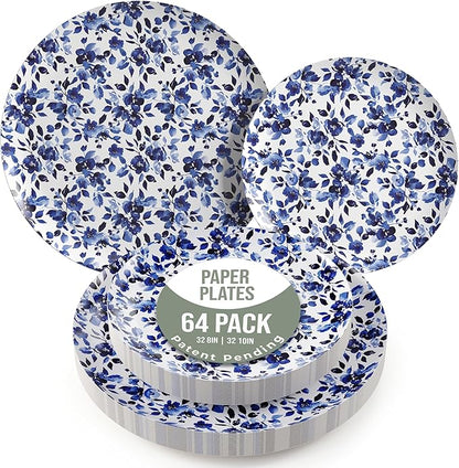 Trendables Heavy Duty Paper Plates Set For 32 Guests - 32 Each Of 8-inch And 10-inch Disposable Plates For Party - Fancy 64 Piece Dinnerware Set For All Occasions | Floral Design, Bluebelle