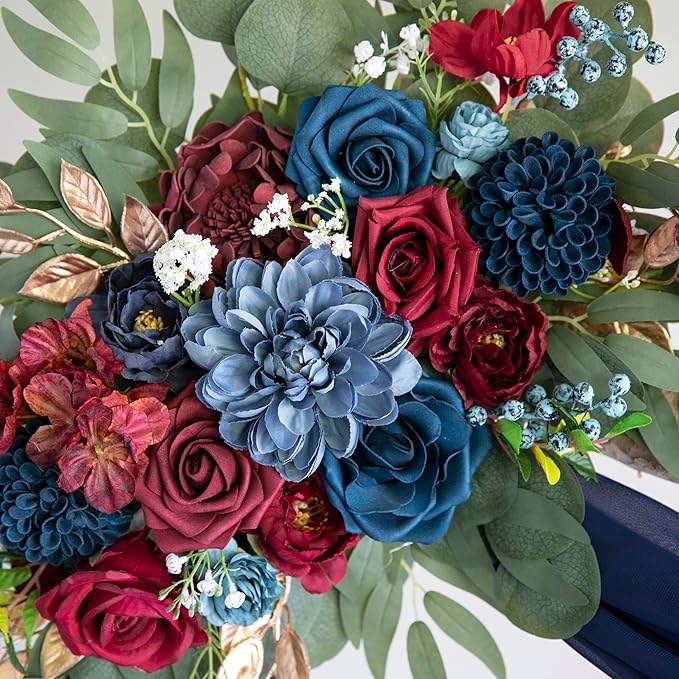ponatia Artificial Navy Blue Wedding Arch Flowers Kit, Burgundy Flowers with 26Ft Navy Blue Arch Draping Fabric, Flowers for Wedding Arch Ceremony Reception Backdrop Decoration