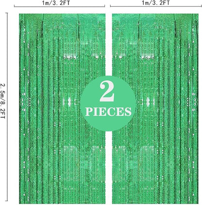 2 Pack 3.2ft x 8.2ft Green Foil Fringe Curtain, Metallic Tinsel Foil Fringe Rain Curtain Streamers Photo Backdrop for St Patricks Day Decorations Birthday Christmas Jungle Safari Tropical Party Decor