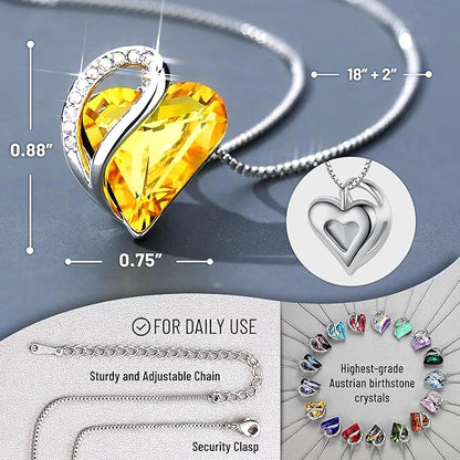 Leafael Necklaces for Women, Infinity Love Birthstone Heart Crystal Pendant, Birthday Jewelry Gifts for Her, Mom, and Wife, Silver Plated, 18 plus 2 inch Adjustable Chain