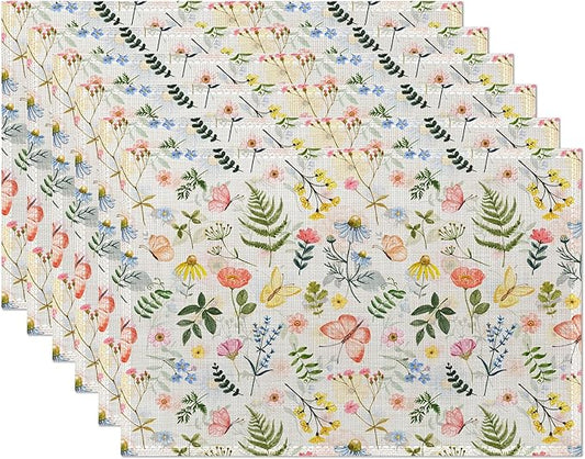 Cute Wildflower Placemats Set of 6,Herb Butterfly Floral Linen Washable Kitchen Dining Table Mats Heat Resistant Place Mats for Home Party Indoor Holiday 12x18 Inch