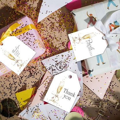 Pro Supply Global 24 Count of 2.5 Inch x 3 Inch Pre Strung Pearls and Prosecco Gift Tag Assorted Printed Designs on Large Cardstock Gift Hang Tags - Ideal to Use on Bags