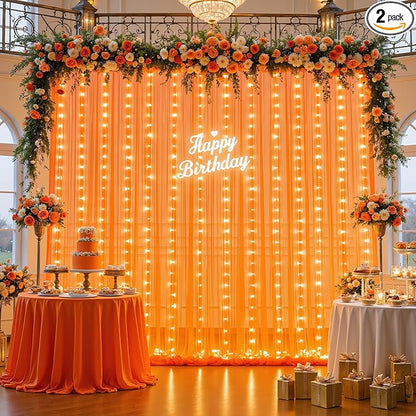 10ft x 8ft Orange Tulle Photo Backdrop Curtain with Lights String for Halloween Party Orange Sheer Curtain Backdrop Drapes for Birthday Party Wedding Photo Booth Background Home Room Decorations