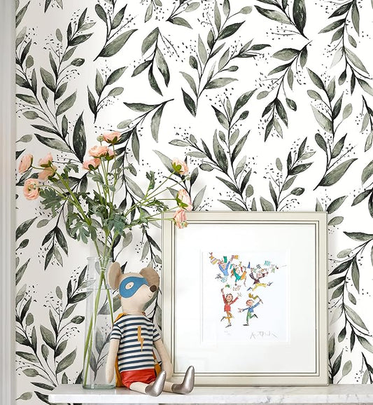 Erfoni Dark Green Leaf Wallpaper Peel and Stick Wallpaper Floral 17.7inch x 78.7inch Greenery Eucalyptus Contact Paper Peel and Stick Leaves Plant Self Adhesive Wall Paper Bathroom Vinyl
