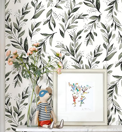 Erfoni Leaf Peel and Stick Wallpaper Dark Green Contact Paper 17.7inch x 236.2inch Greenery Eucalyptus Wallpaper Peel and Stick Leaves Plant Self Adhesive Wall Paper for Laundry Room Walls Decor