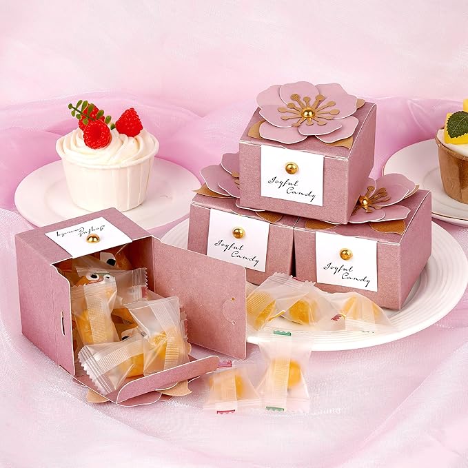 Linkidea 20 Pcs Pink Floral Folding Candy Gift Boxes 2.55" x 2.55" x 1.77" for Wedding Favors, Elegant Party Thank You Boxes with Tags