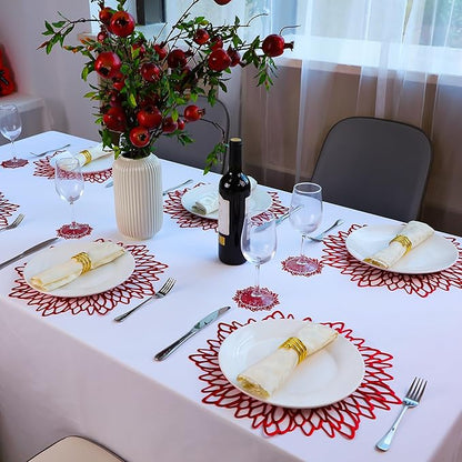 Snowkingdom 12 Pack Red Placemats Metallic Shiny Pressed Vinyl Dining Mats Round Leaf Floral Table Decoration for Halloween Mother's Day Christmas Valentine's Day Weddings Holiday Celebrations