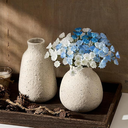 Ceramic Vase Set of 2 for Home Decor, Handcrafted Sesame Dot White Rustic Terracotta Vases, Vintage Farmhouse Decor, Minimalist Decorative Vases for Table Centerpiece Fireplace Nightstand Decoration