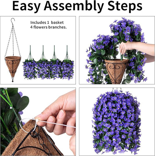 Artificial Fake Outdoor Hanging Flowers Plants Basket for Outside Porch Decoration, Fake Silk Purple Daisy Flower UV Resistant Look Real Orchid Traing Vines for Home Balcony Yard Patio Garden Decor