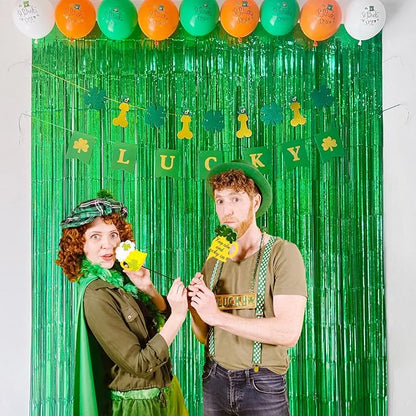 Melsan Foil Curtain Backdrop, 2 Pack 3.2 ft x 8.2 ft Tinsel Foil Fringe Curtains, Sparkle Metallic Foil Fringe Curtains for Christmas Party Decorations Photo Booth Props Decoration, Green