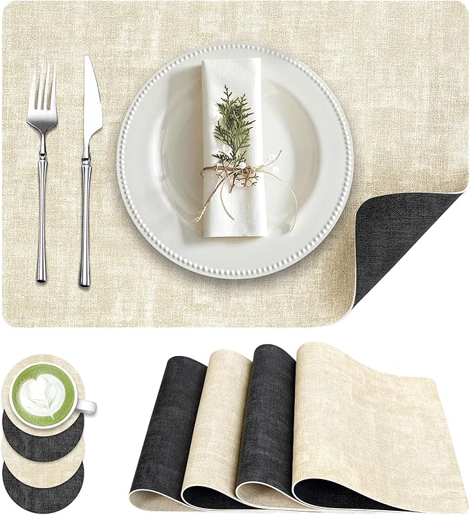 Placemats Set of 4, Faux Leather Heat Resistant Wipeable Placemats, Dual Sided Waterproof Oilproof Washable Table Mats with Coaster, Suitable for Kitchen, Dining, Table Decor (4, Black Beige)