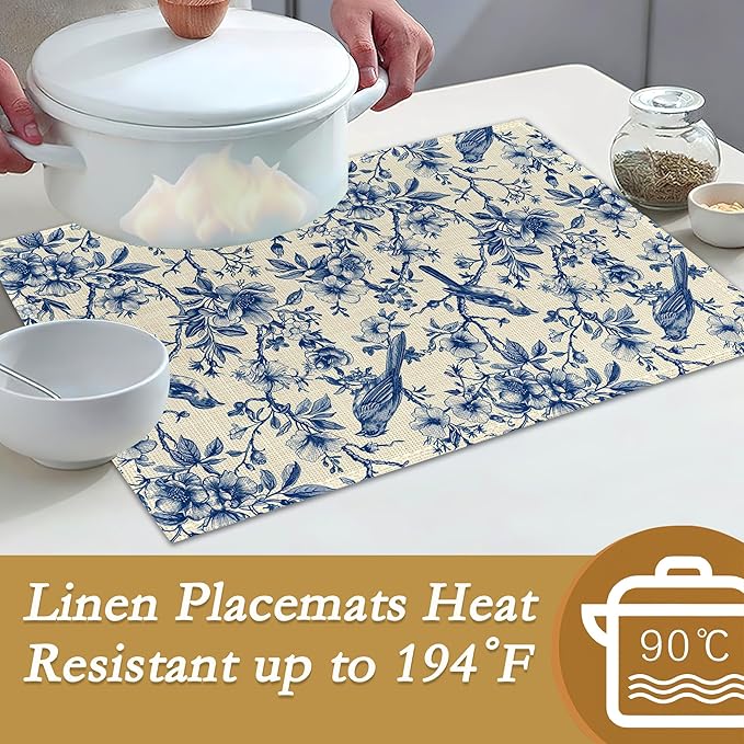 Vintage Flower Bird Placemats Set of 6, 12x18 Inch Waterproof Stain Resistant Linen Table Placemats Summer Seasonal Farmhouse Kitchen Party Decor Home Decor
