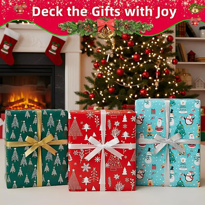 Christmas Wrapping Paper (4 Rolls, 148 sq. ft. ttl): Funny Snowmen, Snowflakes, Reindeer, Bear, Christmas Trees and Santa Claus with Gifts Design for Holiday Gift Wrap- 30 Inches x 14.8 Feet Per Roll