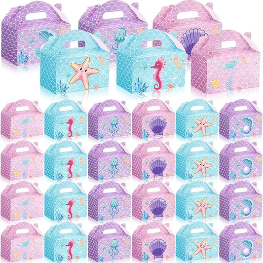 24 Pcs Mermaid Party Favors Treat Boxes Shell Pearl Mermaid Goodie Bags Candy Gift Bags Ocean Gable Box with Handles for Girls Under The Sea Birthday Party Supplies
