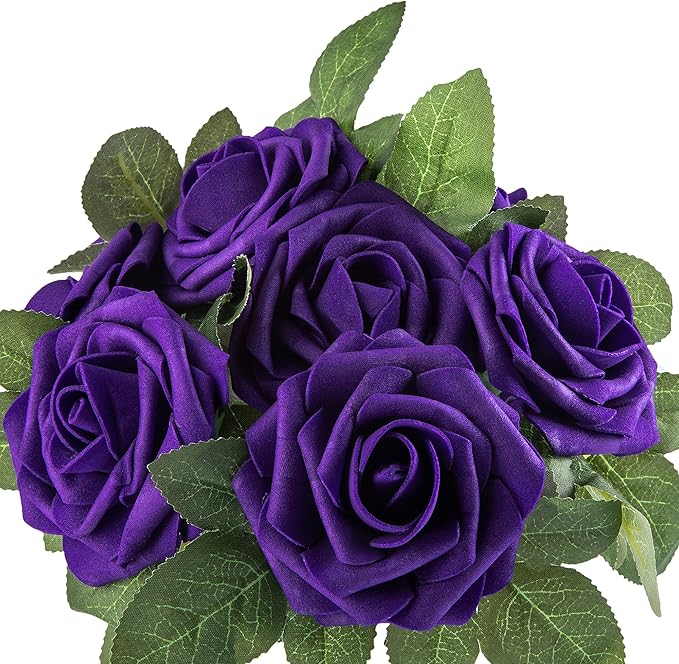 Artificial Flower Foam Rose 25pcs Real Looking Fake Rose with Stems Leaves for Home Decoration Party Garden Centerpieces DIY Wedding Bouquets（Purple）
