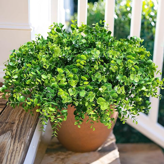 HyeFlora Artificial Plants for Outdoors Outside Spring Summer Decoration, 12 Bundles Faux Eucalyptus Leaves Stems Bulk Fake Greenery Branches Look Real UV Resistant for Home Porch Patio Planter Yard