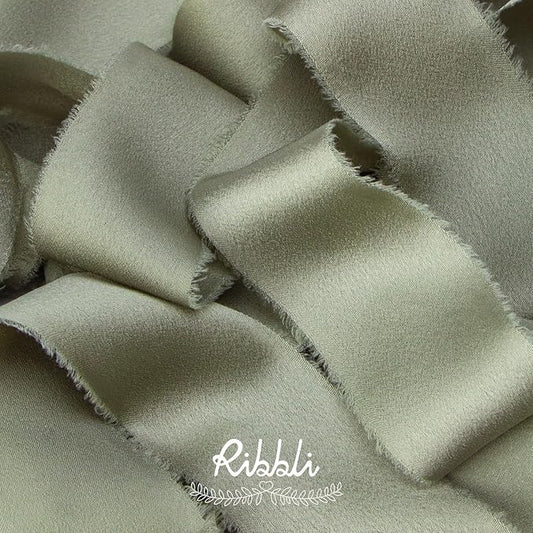 Ribbli Dusty Sage Green Silk Satin Ribbon 1.5 Inch x 30 Yard Handmade Frayed Chiffon Dusty Sage Ribbon for Gift Wrapping Wedding Invitations Bridal Bouquets Home Decor