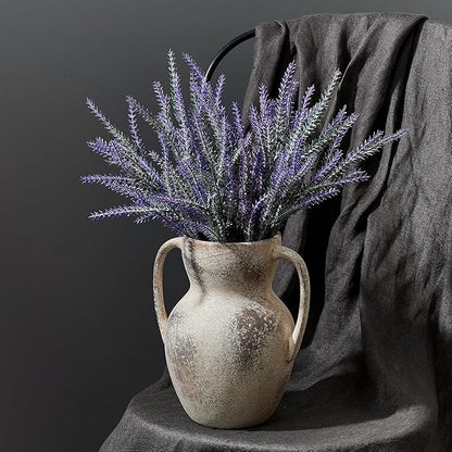 Antique Ceramic Rustic Vase with 2 Handles, Farmhouse Round Flower Vase, Vintage Terracotta Vases for Home Decor, Wedding, Living Room, Table, Shelf Decor - 8.6 Inch Tall, Terra