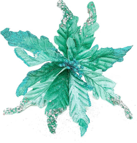allgala 6-PK Glitter and Sequin Decorated Fabric Poinsettia Artificial Christmas Flower with Clips-Turquoise-XF93304