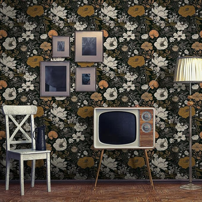 17.3"x118" Vintage Wallpaper Boho Peel and Stick Dark Floral Wall Paper Contact Paper Wildflowers Botanical Papers Removable Renter Friendly Wallpaper
