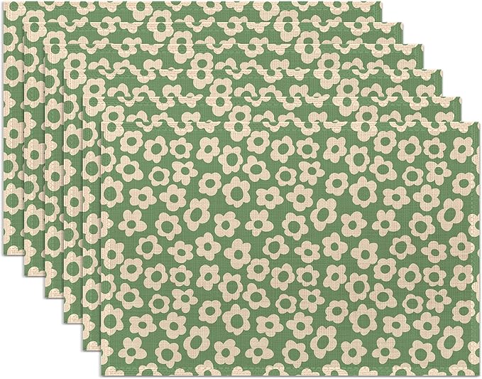 Groovy Green Flower Placemats Set of 6,Washable Heat Resistant 12×18 Inch Linen Table Mats Daisy Place Mats for Party Outdoor Dining Décor