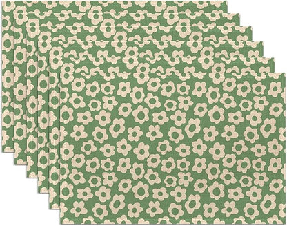 Groovy Green Flower Placemats Set of 6,Washable Heat Resistant 12×18 Inch Linen Table Mats Daisy Place Mats for Party Outdoor Dining Décor