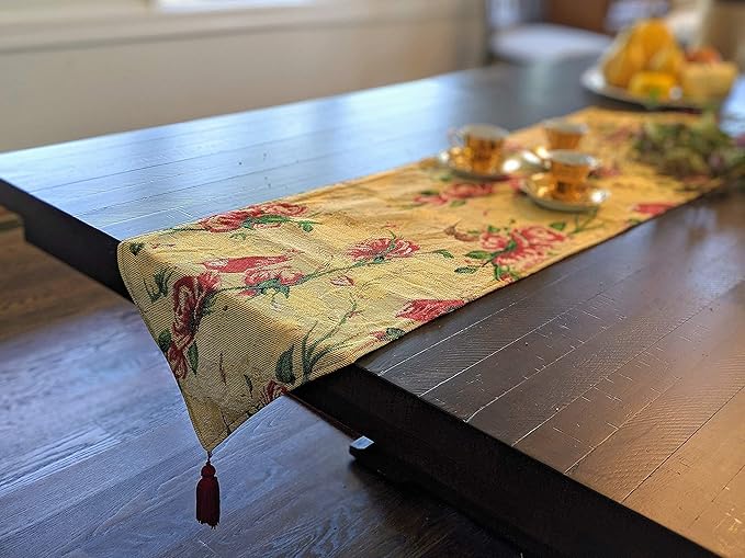Tache Floral Red Roses Birds Golden Woven Table Runner - Vintage Tapestry Botanical Kitchen Dining Dinner Linens Cloth - 13 x 54 inches