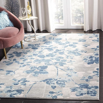SAFAVIEH Evoke Collection Area Rug - 6'7" x 9', Grey & Light Blue, Floral Design, Non-Shedding & Easy Care, Ideal for High Traffic Areas in Living Room, Bedroom (EVK236J)