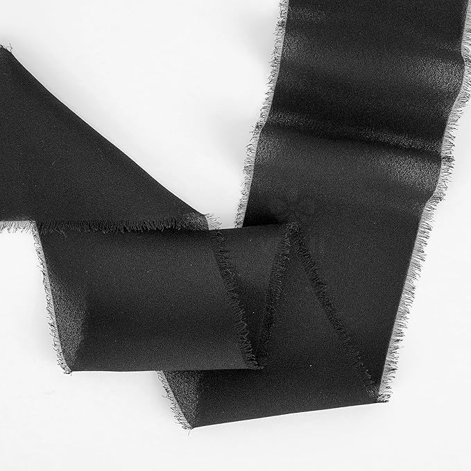 MEEDEE Black Chiffon Ribbon 3 Inch Frayed Ribbon Chiffon Silk Ribbons Black Fringe Wide Chiffon Ribbons for Crafts, Flower Bouquet, Wedding Favors Wrapping (2 Rolls 10 Yards)
