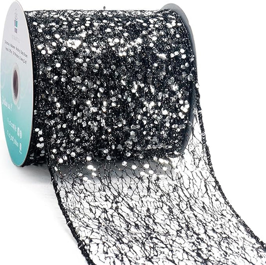 CT CRAFT LLC Sparkling Glitter Mesh Wired Ribbon 4" x 10 Yards Black for Christmas Home Decor Bow Gift Wrapping DIY Crafts Wreath