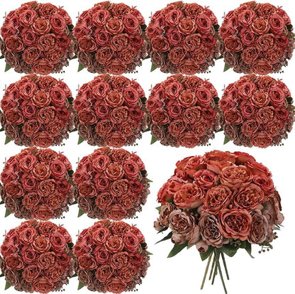 Geosar 16 Bundles Artificial Peonies Flowers Fake Silk Peony Bouquet Faux Peonies Flowers Bulk for Decoration Vase Floral Arrangements Wedding Party Table (Orange,Brown)