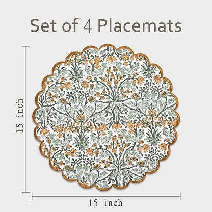 Ridhi Goldenrod Yellow Spring Place Mat Double Layer Floral Cotton Washable Placemats 15" Round Embroidery Block Print Table Mat (Pack of 4-15 Inch Round)